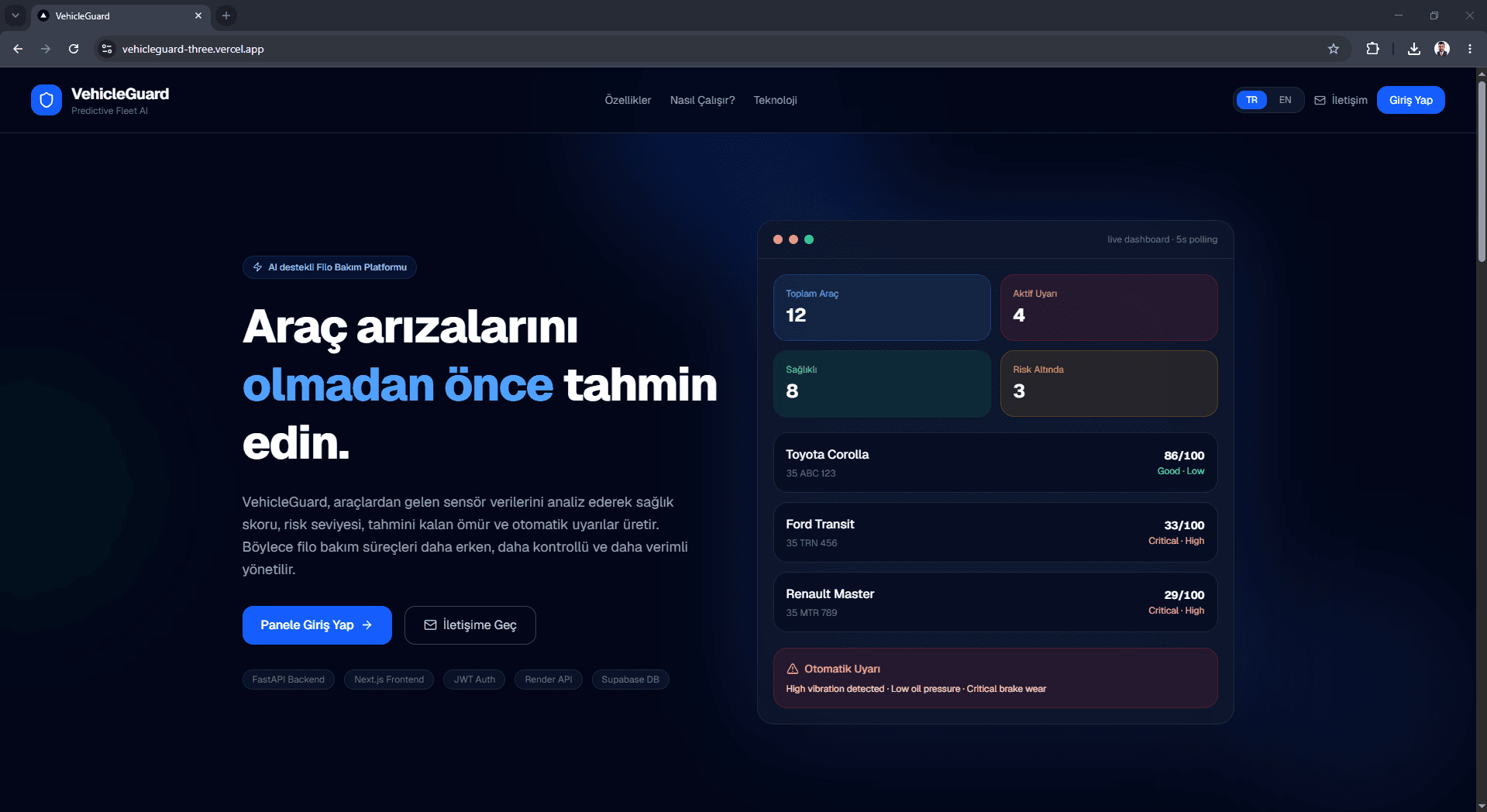 VehicleGuard Türkçe açılış sayfası